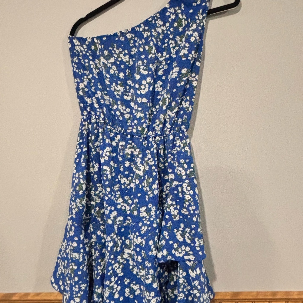 Royal Blue Floral One-Shoulder Ruffle Layered Dress - Small - Pretty Garden